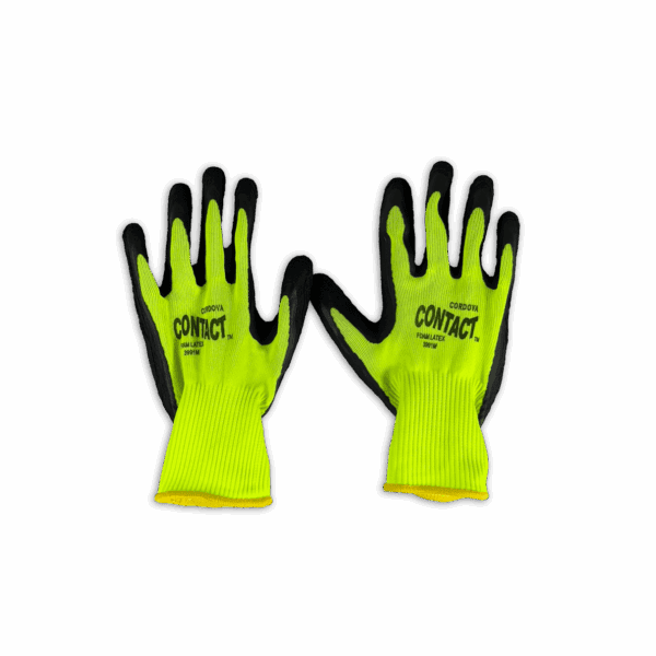 Pair of bright yellow work gloves with black fingertips on a black background.