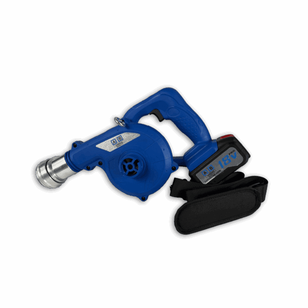 A blue cordless handheld leaf blower with a black battery pack.