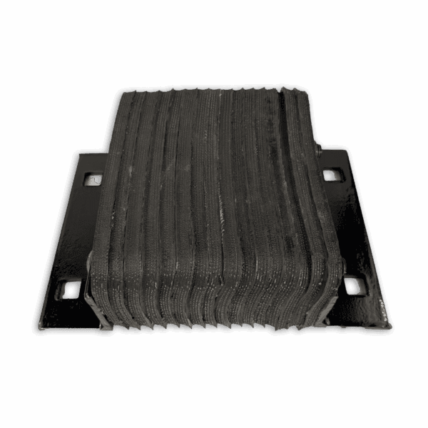 A close-up of a black accordion-like mechanical part.