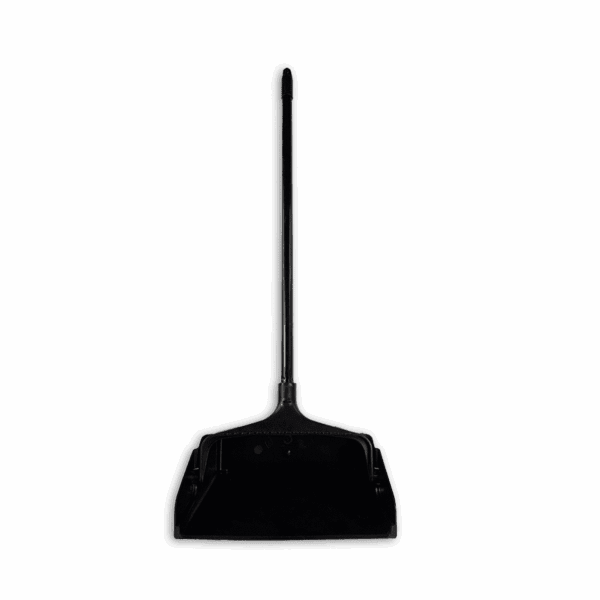 A black dustpan with a long handle against a white background.