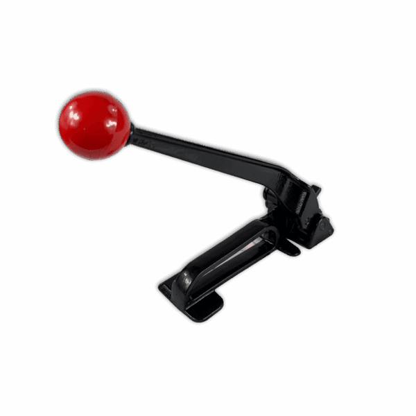 A black clamp with a red ball handle, isolated on black.