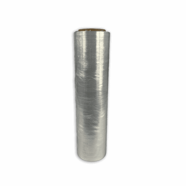 A tall roll of transparent plastic wrap used for packaging or covering items.