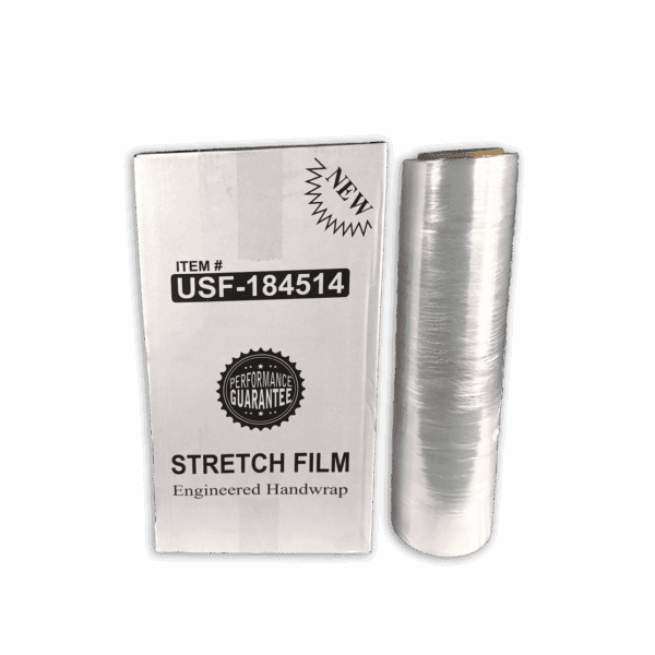 A roll of clear stretch film with packaging showing product details.