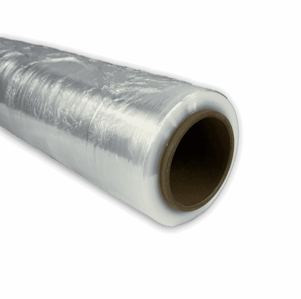 A roll of transparent plastic wrap used for sealing food.