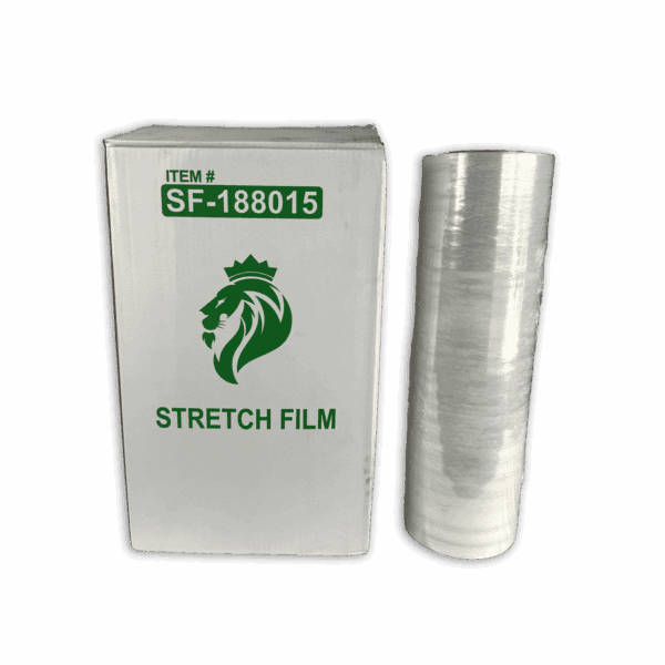 Rolls of transparent stretch film with a labeled box.