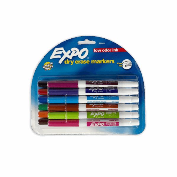 Pack of Expo dry erase markers with six vibrant colors.