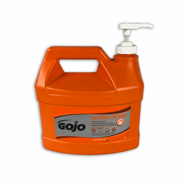 Orange Gojo hand sanitizer dispenser with a pump.