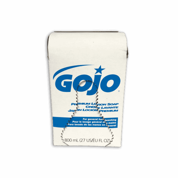 A white and blue GOJO soap dispenser refill pouch.