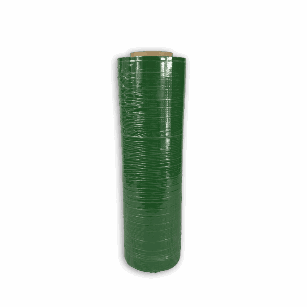 A tall roll of green plastic stretch wrap film.