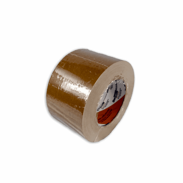 A roll of brown packing tape on a black background.