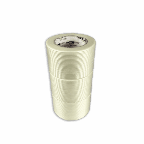 Stack of four transparent adhesive tape rolls on a black background.
