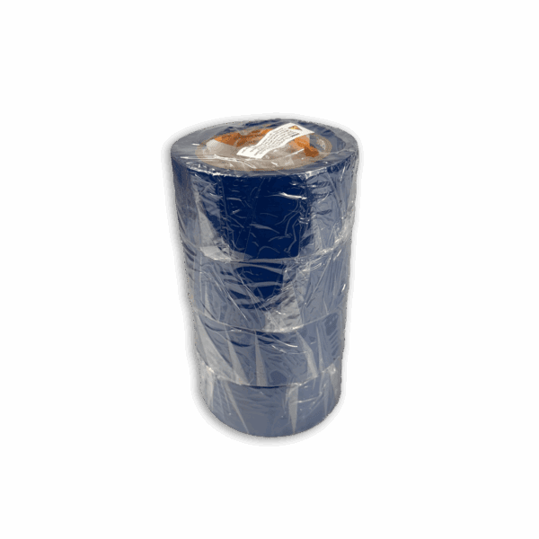 A cylindrical object wrapped in clear plastic with a blue and white design.