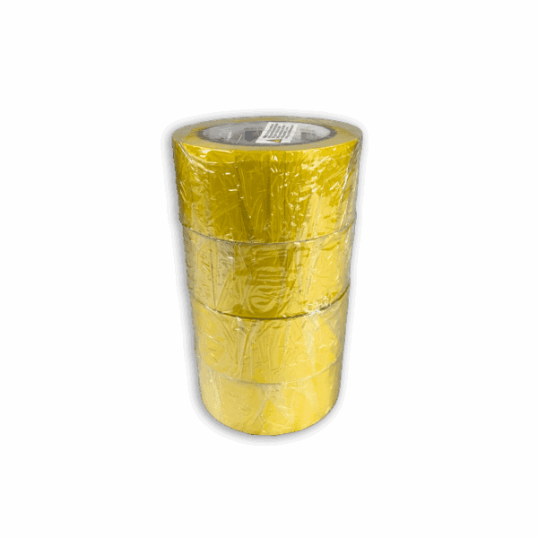 Four rolls of yellow adhesive tape stacked vertically.