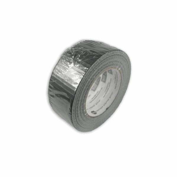A roll of black duct tape with a silver reflective surface.