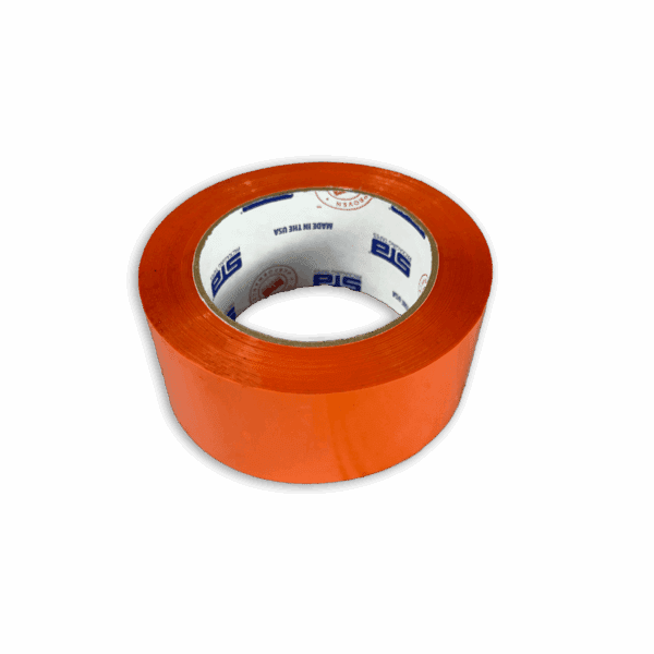 A roll of orange adhesive tape on a black background.