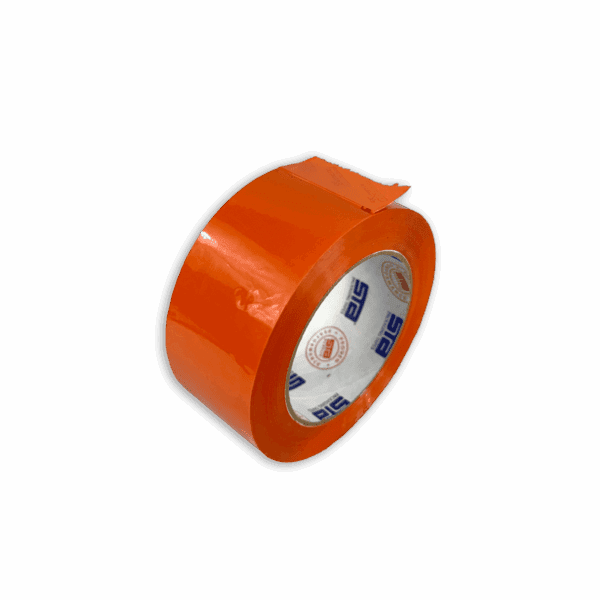 Roll of bright orange adhesive tape with white inner core.