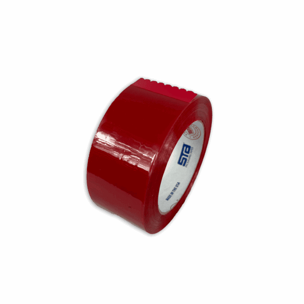 A roll of shiny red adhesive tape on a black background.