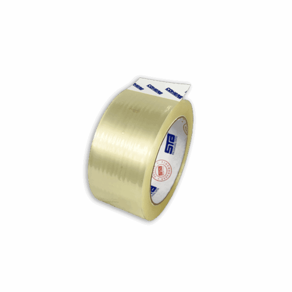 A roll of transparent packing tape with a partially visible label.