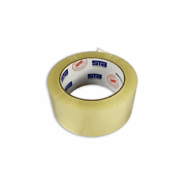 A roll of clear packing tape with visible branding on the inner core.