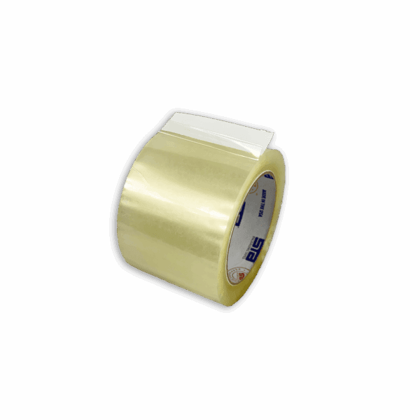 A roll of beige packing tape on a black background.