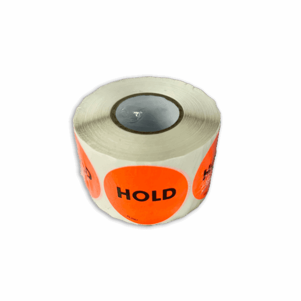 Roll of bright orange labels with the word 'HOLD'.