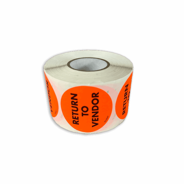 A roll of bright orange 'RETURN TO VENDOR' stickers.