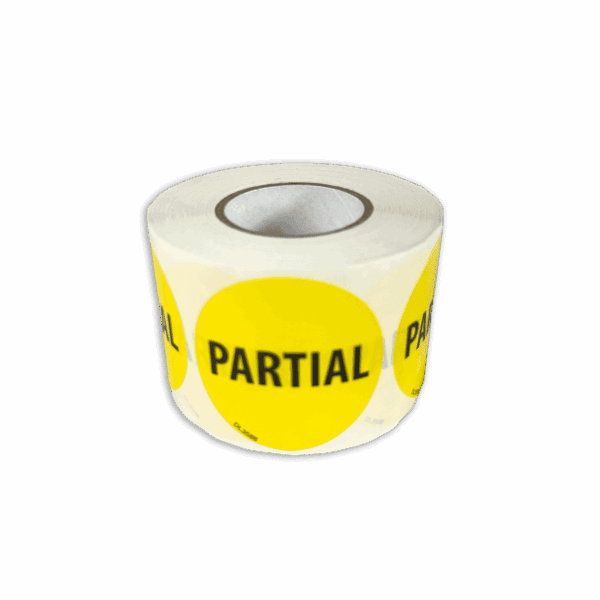 Roll of toilet paper labeled with yellow 'PARTIAL' stickers.