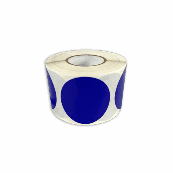 Roll of white stickers with large blue circles.
