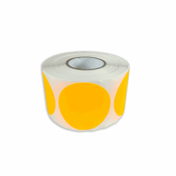 Roll of white labels with large yellow circles.