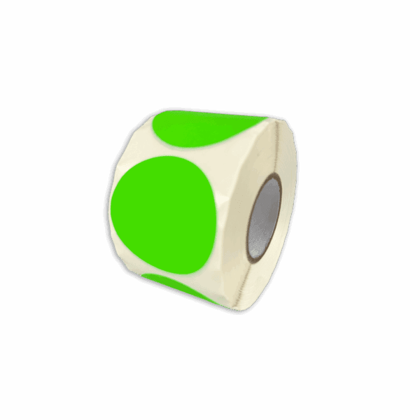 Roll of white adhesive stickers with large green dots.