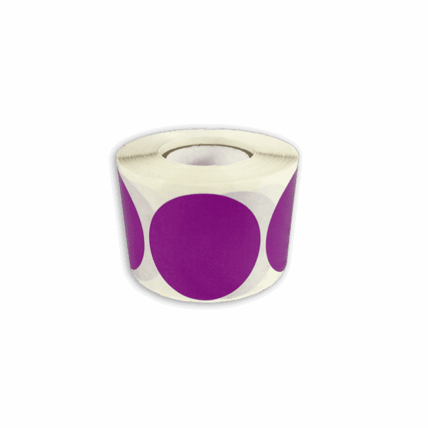 Roll of white stickers with large purple dots.