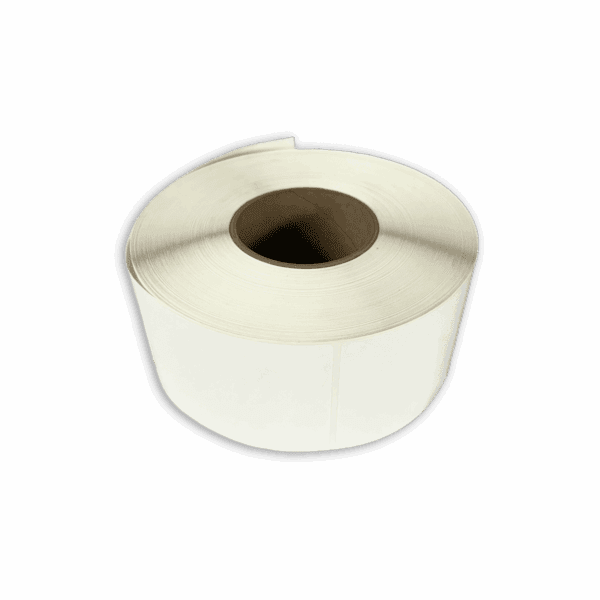 A roll of white adhesive labels with a hollow center.