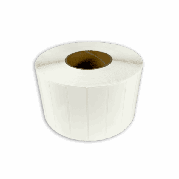 A large roll of white labels with perforated edges.