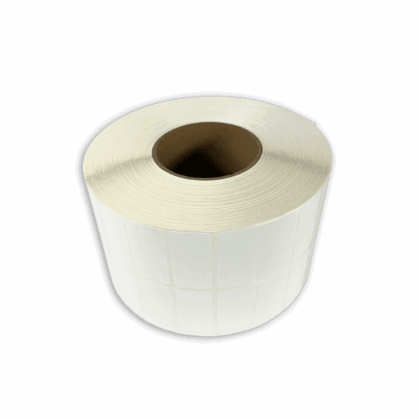 A roll of white adhesive labels or stickers.