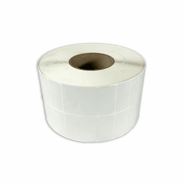 Roll of white adhesive labels with perforations.