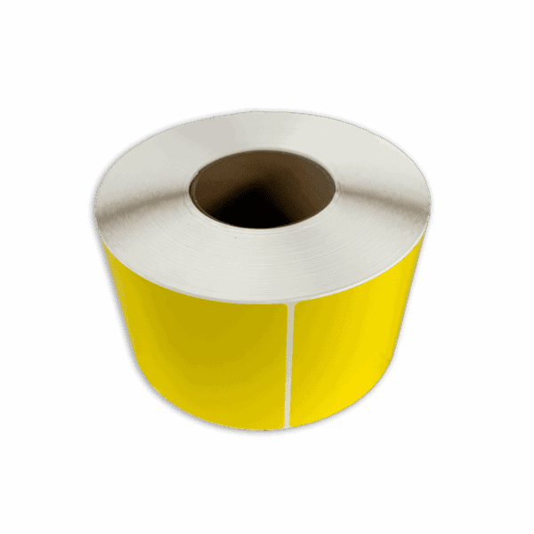 A roll of yellow and white adhesive tape with a cardboard core.