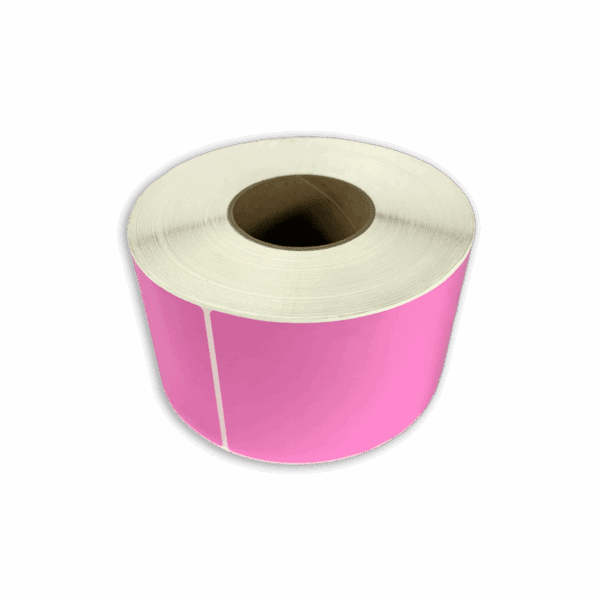 A roll of pink adhesive labels with perforations.