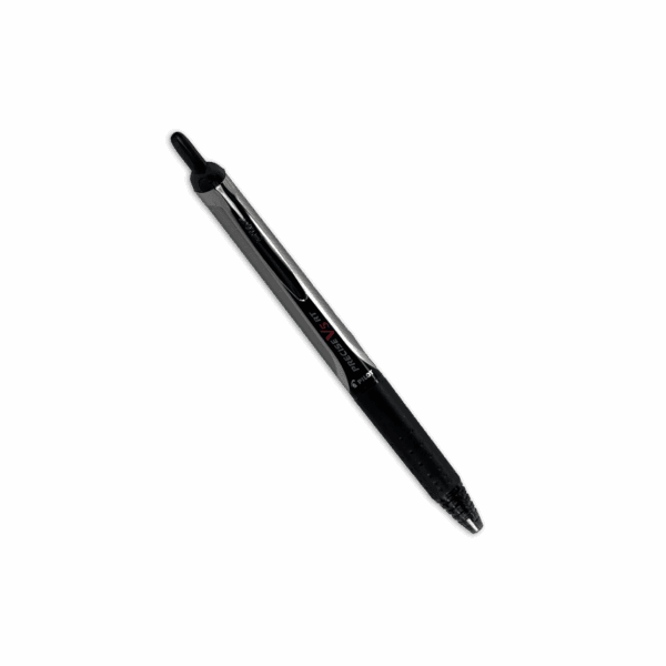 A black and silver ballpoint pen on a black background.