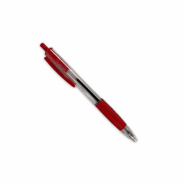 Red and silver retractable ballpoint pen on black background.