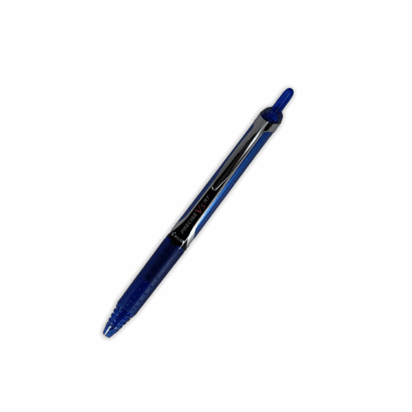 Blue retractable ballpoint pen on black background.