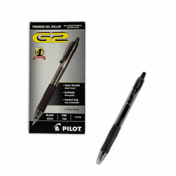 Pilot G2 black gel pen with its packaging.