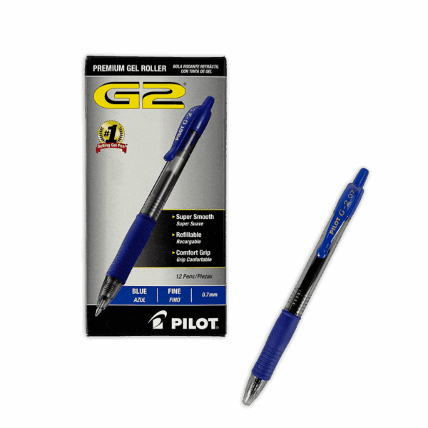 Pilot G2 gel ink pen packaging with a blue pen.