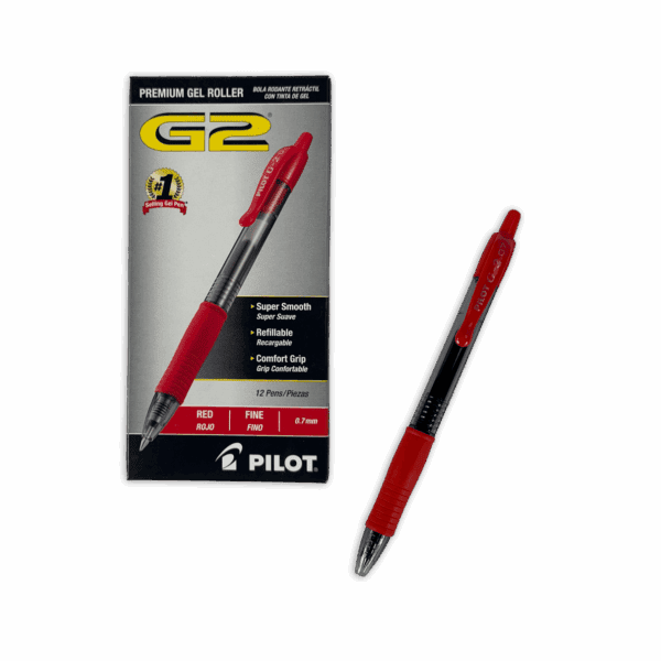 Pilot G2 red gel pen with packaging and pen shown.