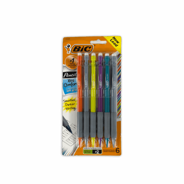 Pack of five colorful Bic mechanical pencils in transparent packaging.