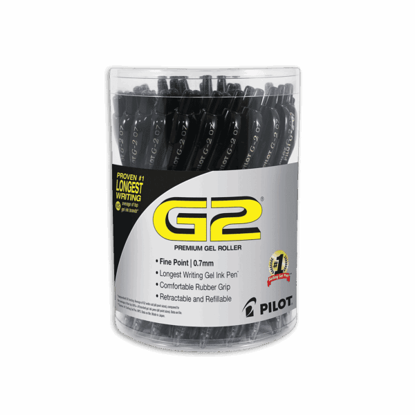 Container of Pilot G2 black gel ink pens.