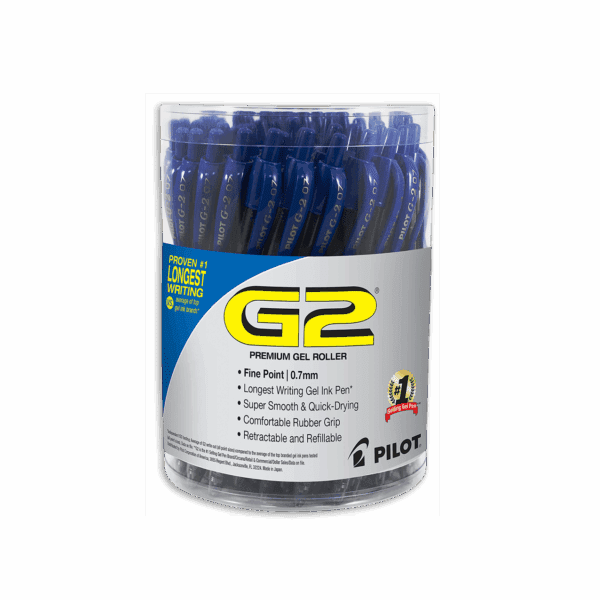 Container of blue Pilot G2 gel pens.