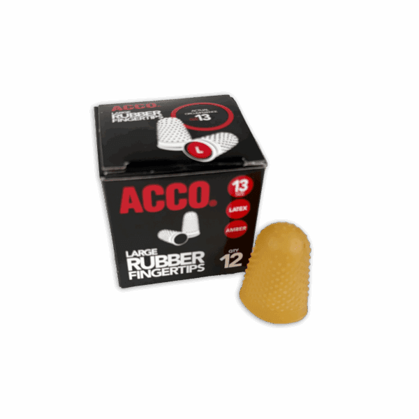 A box of ACCO rubber finger protectors with one protector displayed.