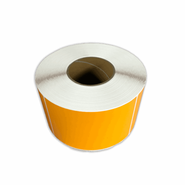 A roll of yellow adhesive labels with a blank white center.