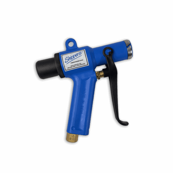 Blue handheld spray gun with a black nozzle and trigger.
