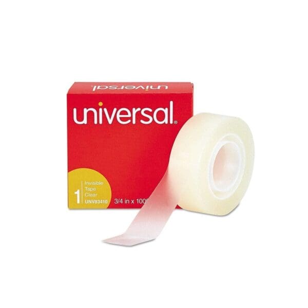Roll of Universal brand transparent tape with red packaging.